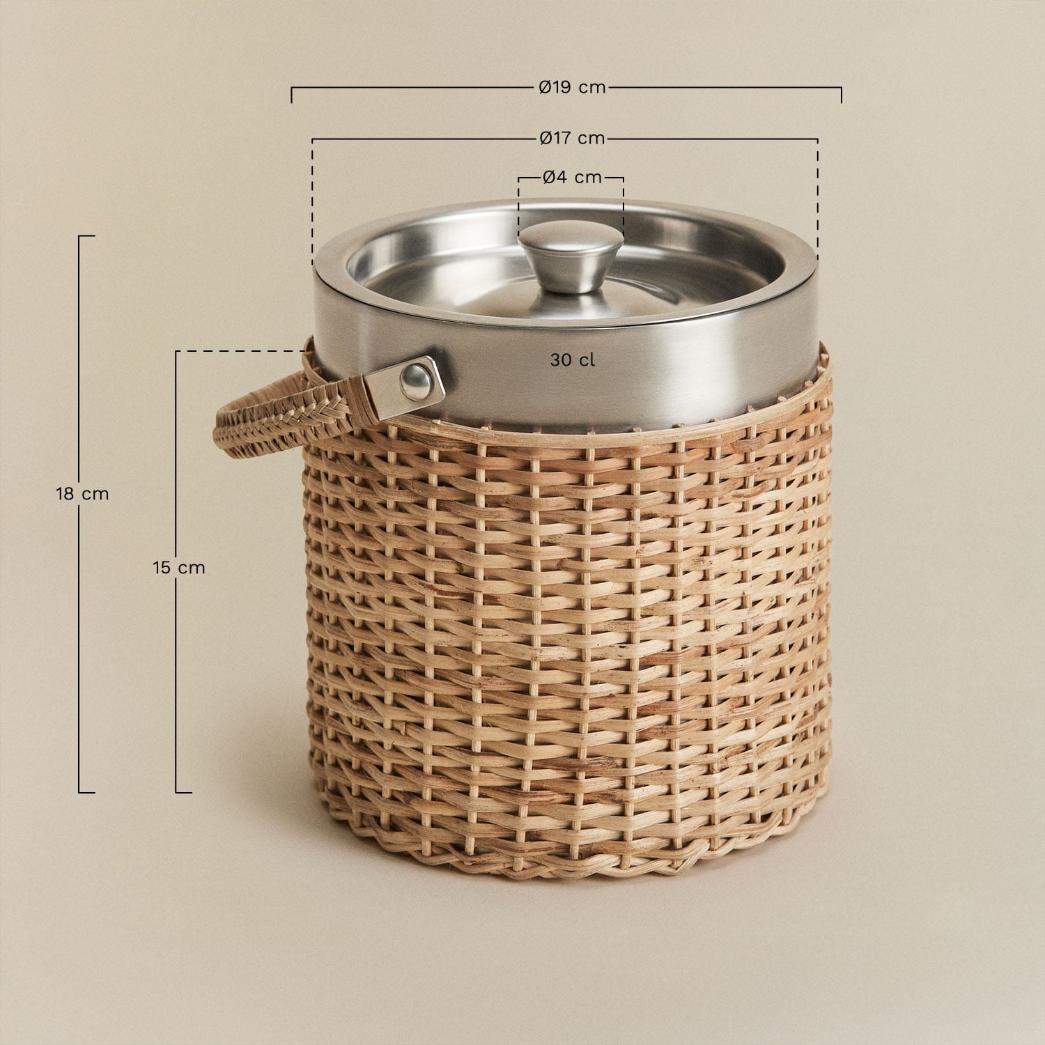 Conjunto de balde de gelo com pinças em aço inoxidável e bambu Dakomi, Dimens&otilde;es