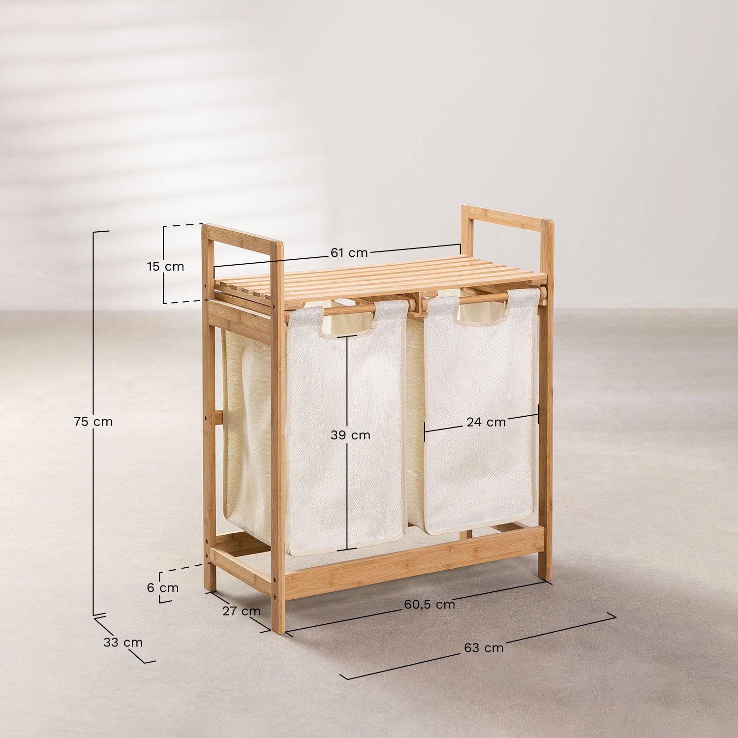 Cesto de roupa de bambu Joesh, Dimens&otilde;es