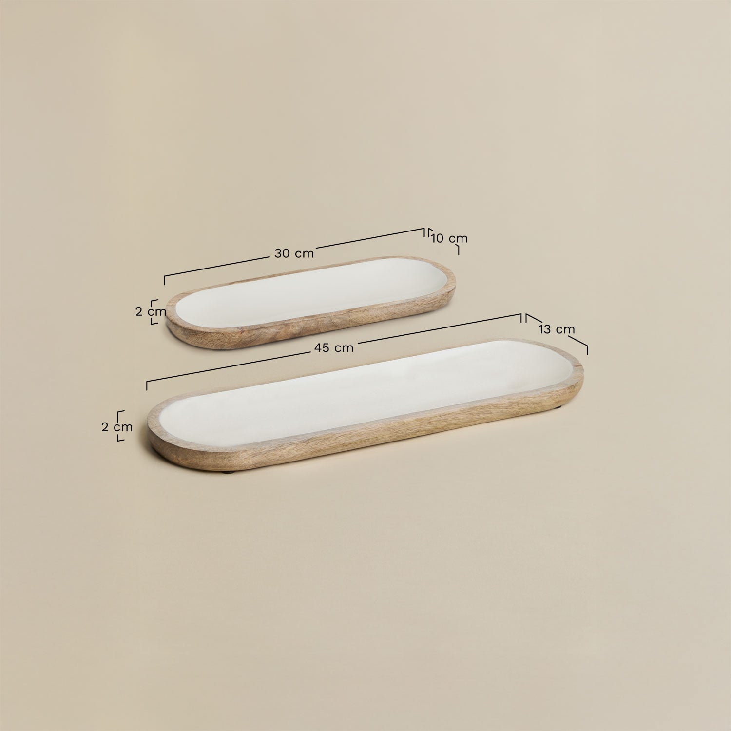 Conjunto de 2 tabuleiros decorativos em madeira de manga Fruela, Dimens&otilde;es