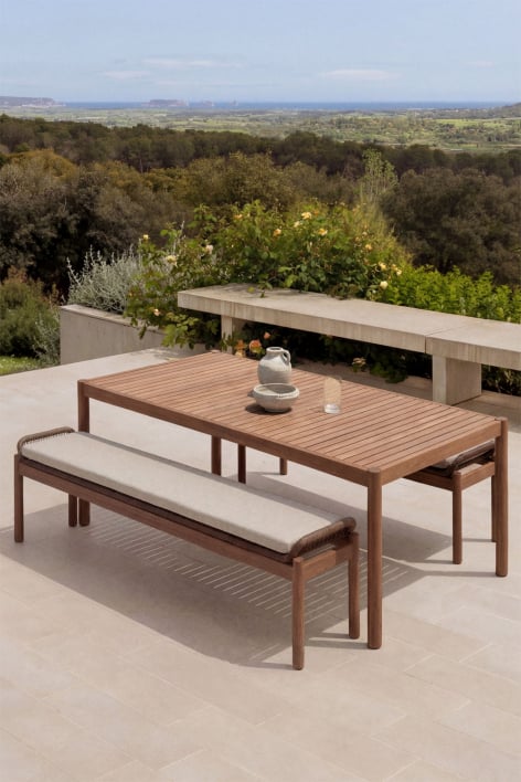 Conjunto de mesa retangular 180x90 cm e 2 bancos de jardim em madeira de acácia e corda trançada Karvia - Tecido castanho avelã