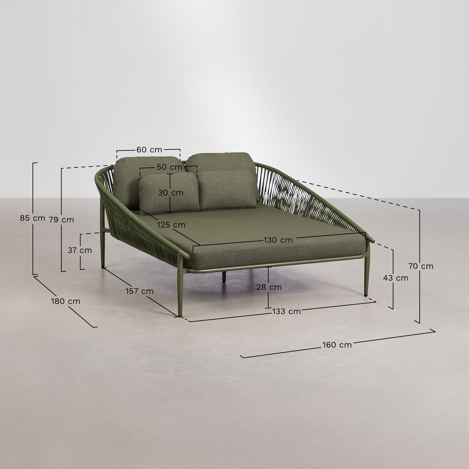 Espreguiçadeira dupla em alumínio com almofadas Ondina, Dimens&otilde;es