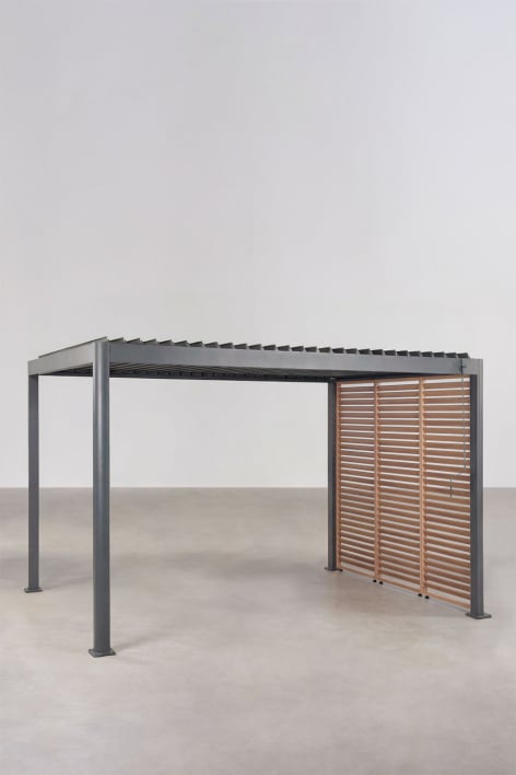 Pérgola bioclimática de alumínio com lâminas e painel lateral Druvia