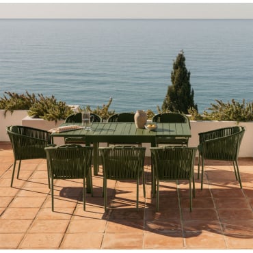 Conjunto De Mesa Extensível Starmi 90-180x90 Cm E 8 Cadeiras De Jardim Empilháveis Em Alumínio E Corda Trançada Ondina Verde Azeitona Intenso - Sklum