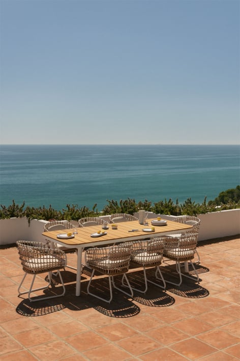 Conjunto de mesa retangular extensível 240-300x100 cm Mareiran e 8 cadeiras de jardim em alumínio e rattan sintético Isaran