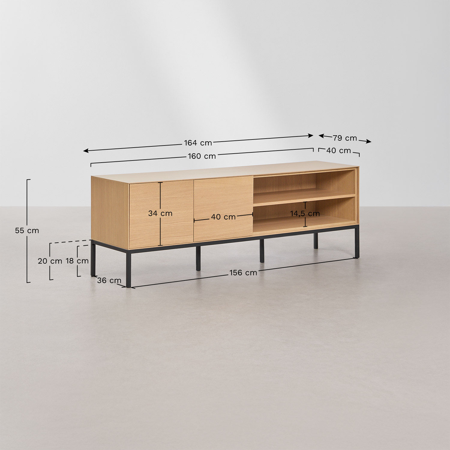Móvel TV 160x40 cm em MDF e folha de carvalho Bromley, Dimens&otilde;es