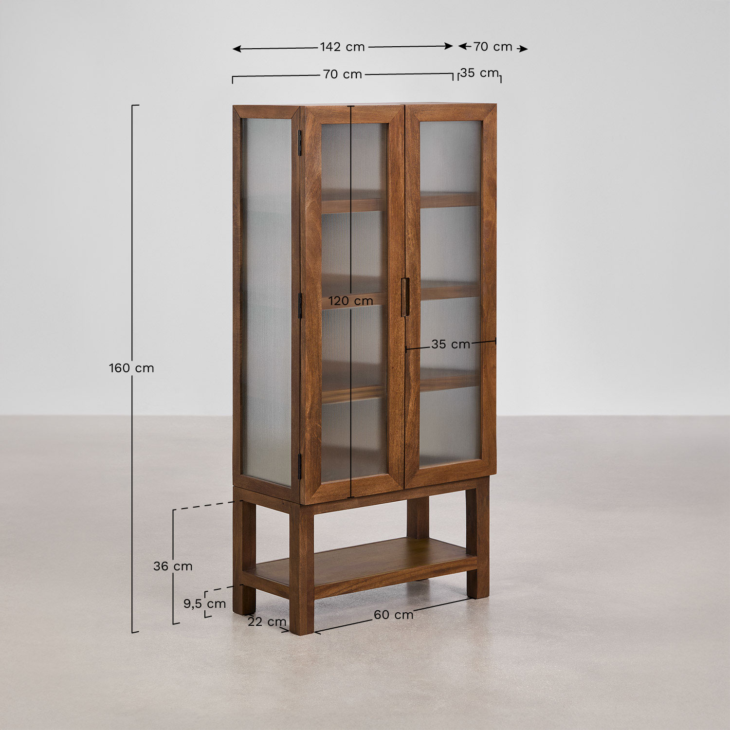 Vitrine em madeira de manga e vidro Anamuia, Dimens&otilde;es