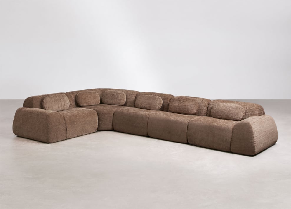 Sofá modular de canto em chenille de 5 peças embalado a vácuo Mérida - Chenille Castanho Caramelo