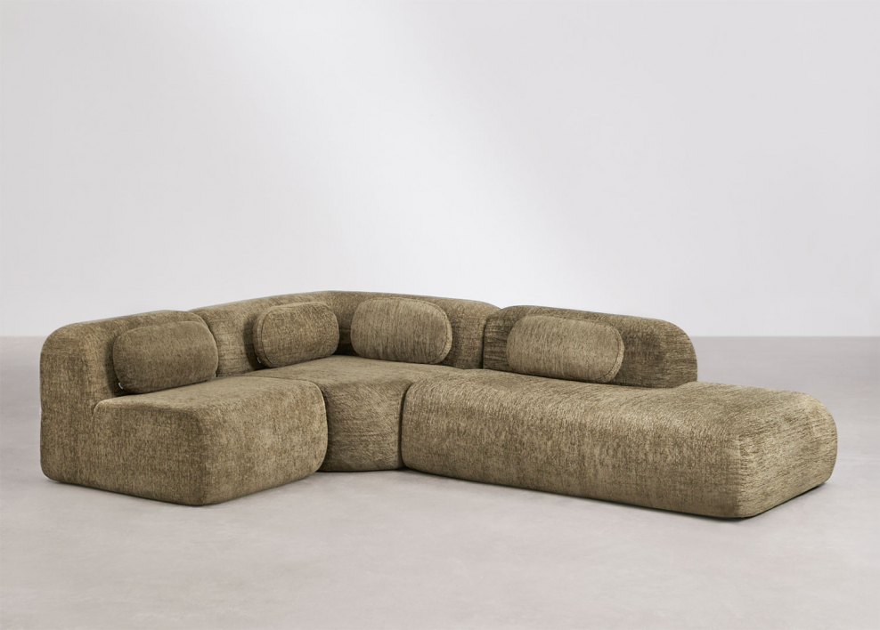 Sofá modular de canto em chenille de 3 peças com chaise longue direita embalado a vácuo Mérida - Chenille grossa verde salva