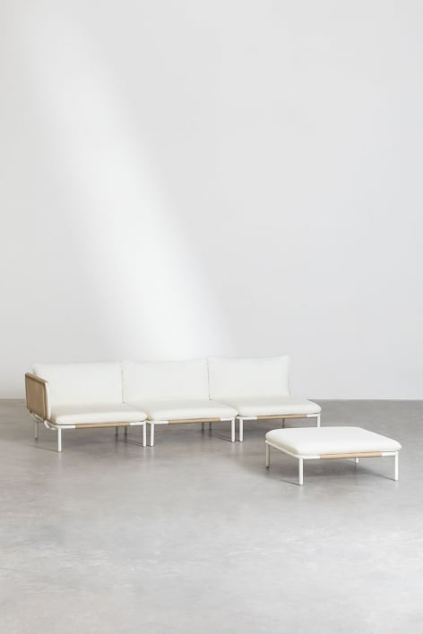 Conjunto de jardim com sofá modular de canto de 3 peças e puff em aço Roubly