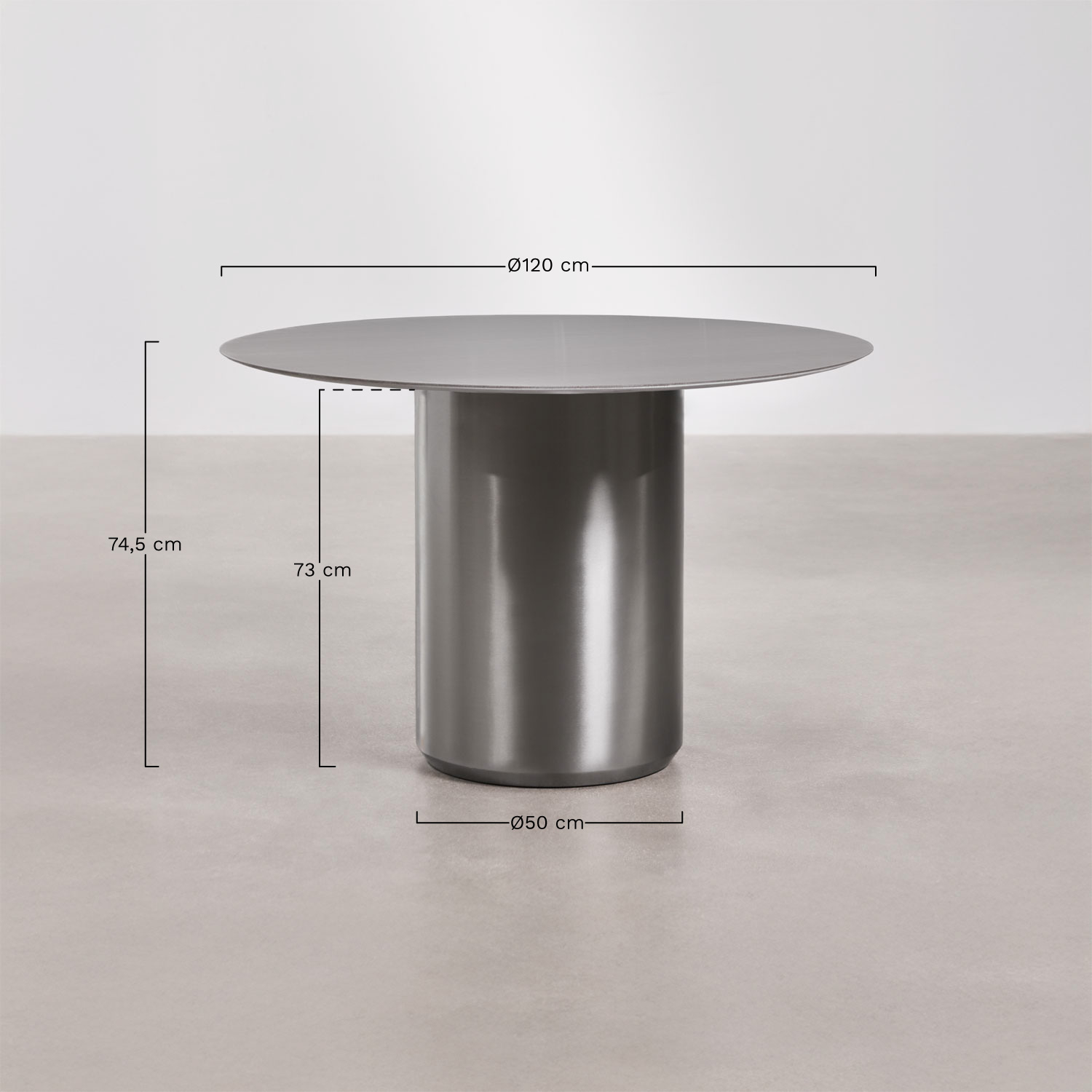 Mesa de jantar redonda Ø120 cm em aço inoxidável Luceida, Dimens&otilde;es