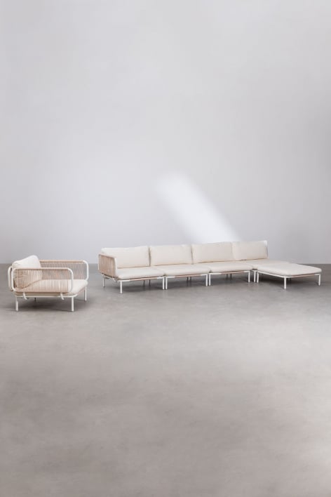 Conjunto de jardim com sofá modular de canto de 4 peças, puff e poltrona em aço Roubly
