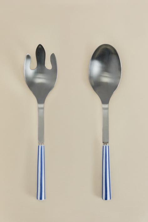 Conjunto de 2 talheres para salada em aço inoxidável e cerâmica Ireli