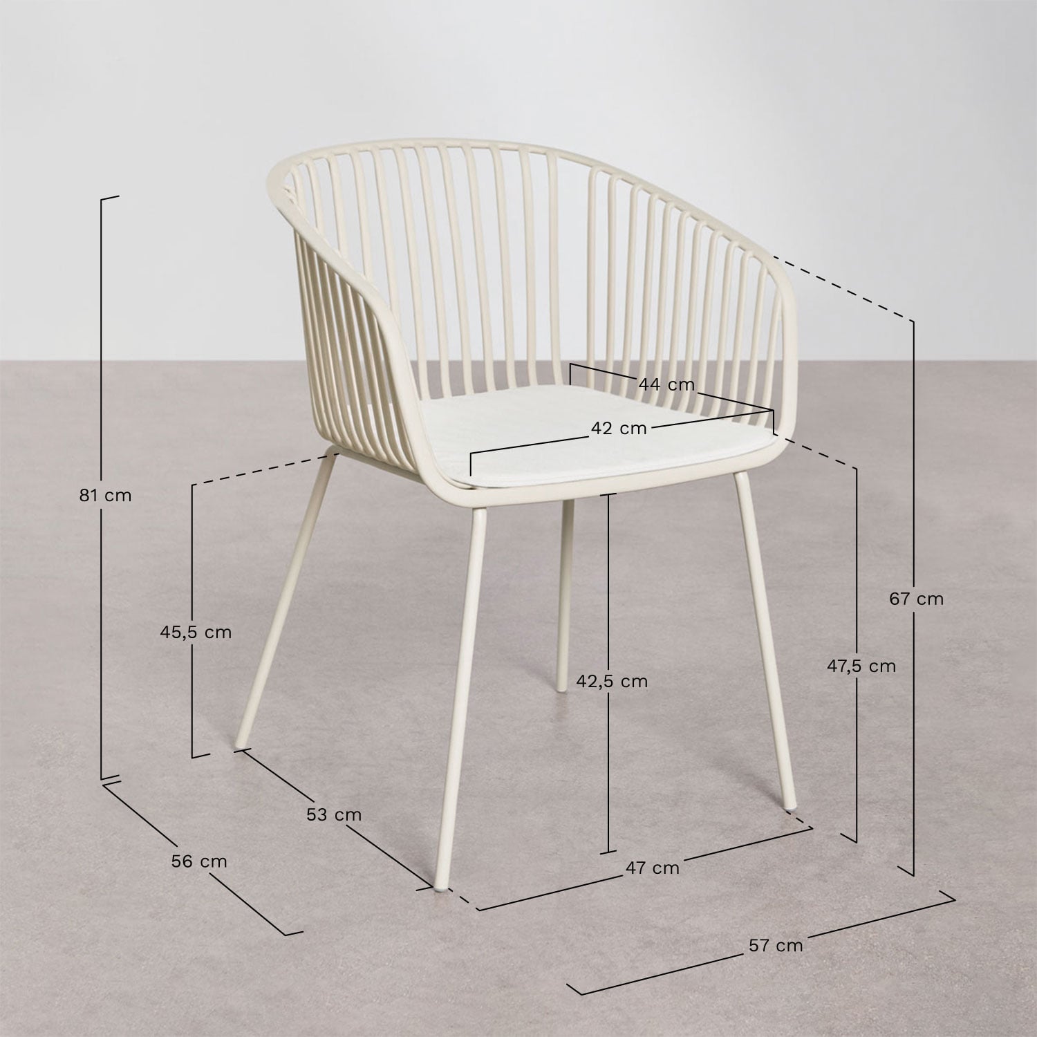 Conjunto de mesa retangular 160x90 cm Florida e 6 cadeiras de jardim com apoios de braços em aço e polipropileno Aradina, Dimens&otilde;es