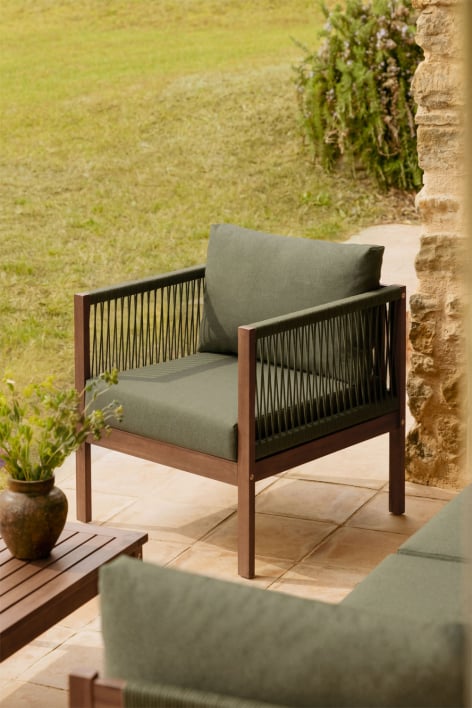 Poltrona de jardim com apoios de braço em madeira de acácia Branson - Verde Oliva Intenso - Castanho Acacia Escuro