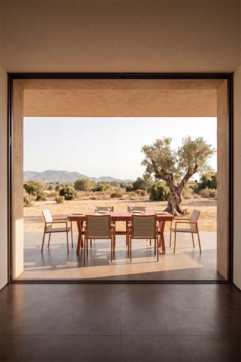 Conjunto de mesa de jardim retangular extensível 180-240x90 cm e 6 cadeiras de jardim empilháveis com apoios de braços em alumín