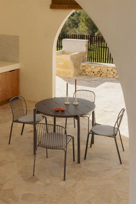Conjunto de mesa redonda Ø110 cm em alumínio Elton e 4 cadeiras de jardim em aço Anerina