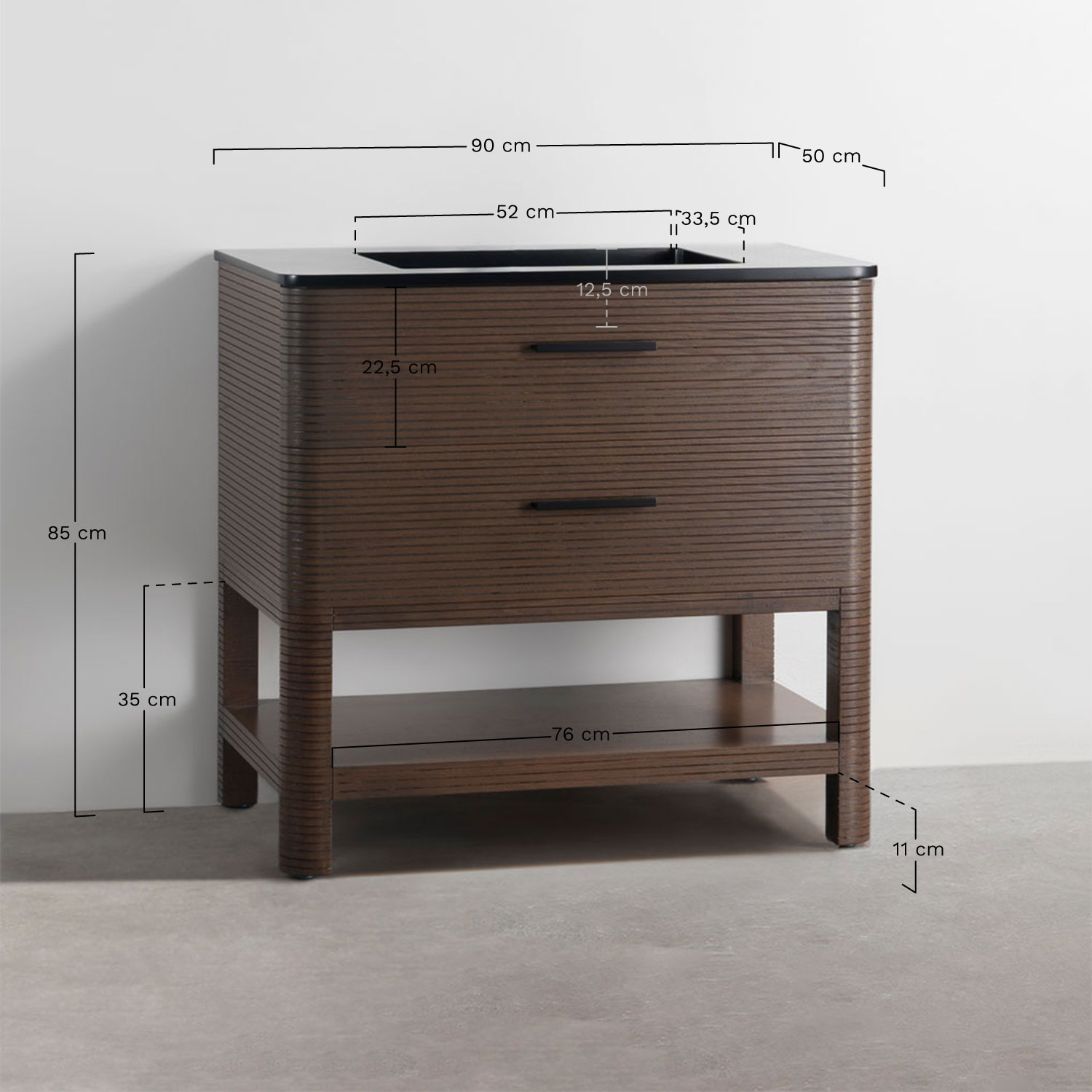 Conjunto de móvel de casa de banho 90x50 cm em madeira com lavatório integrado Misene, Dimens&otilde;es