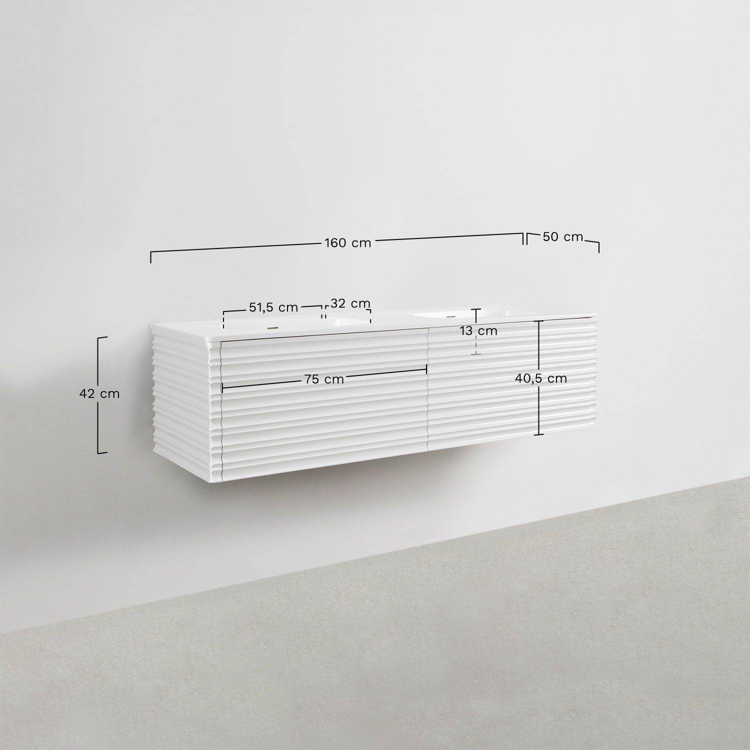 Conjunto de móvel de casa de banho suspenso 160x50 cm em madeira com lavatórios integrados Noura, Dimens&otilde;es