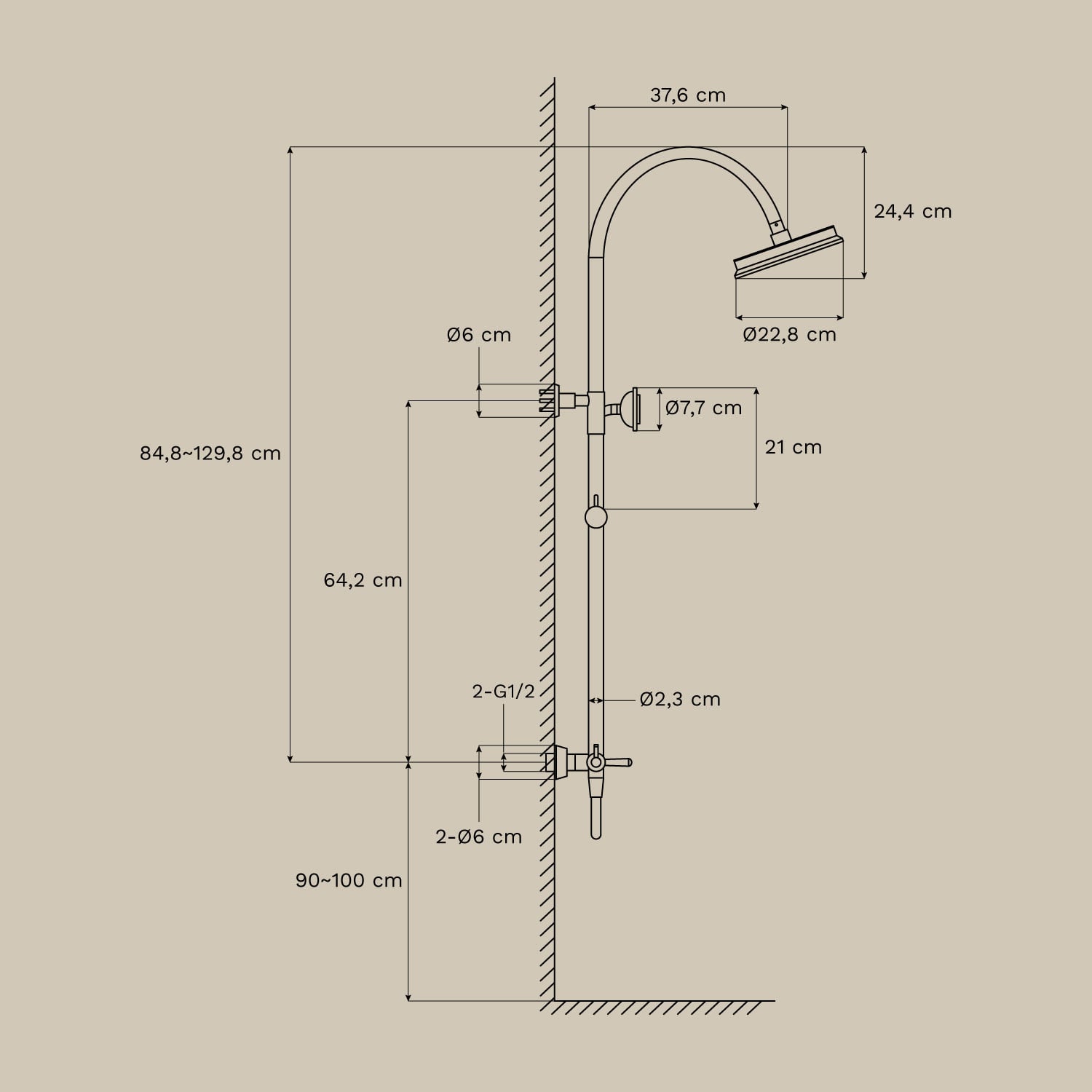 Coluna de duche em latão Alejandra, Dimens&otilde;es