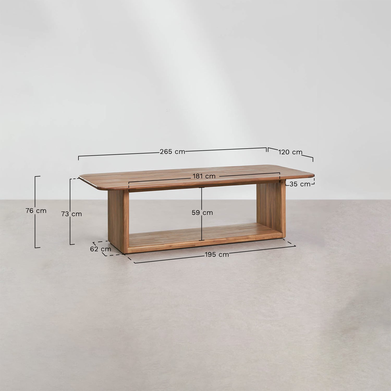 Conjunto de mesa retangular 265x120 cm em madeira de acácia Siena e 10 cadeiras de jardim em madeira de acácia Nualis, Dimens&otilde;es