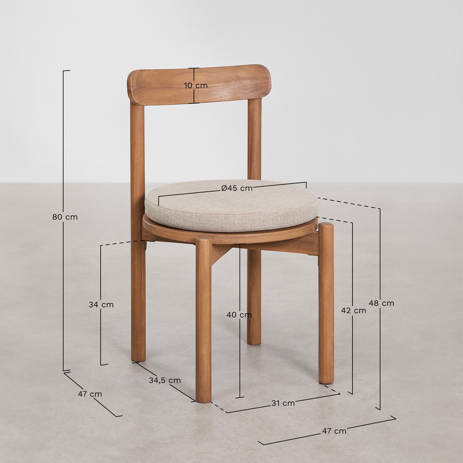 Conjunto de mesa retangular 265x120 cm em madeira de acácia Siena e 10 cadeiras de jardim em madeira de acácia Nualis, Dimens&otilde;es