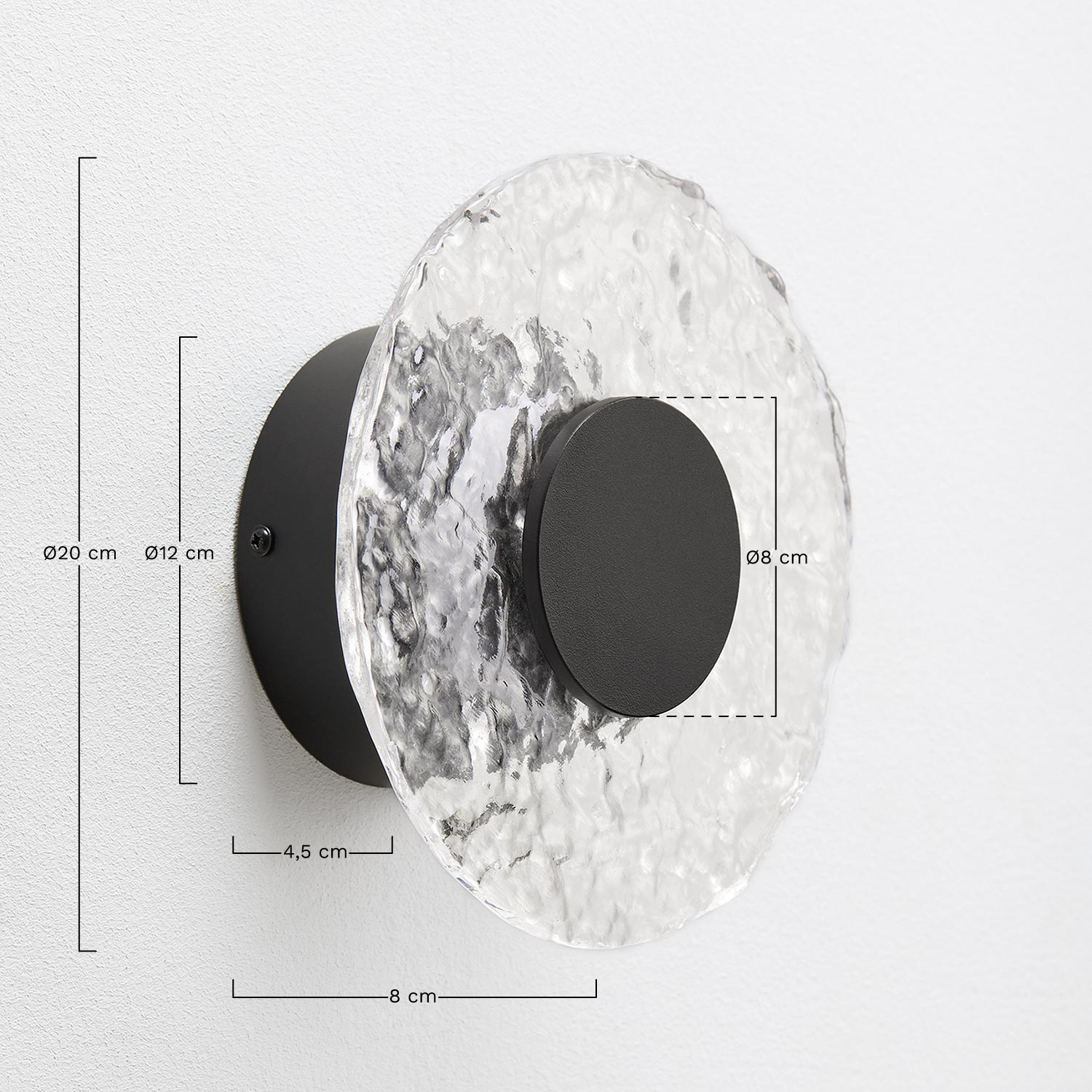 Aplique de parede Ø20 cm LED em vidro e ferro Lorenzo, Dimens&otilde;es