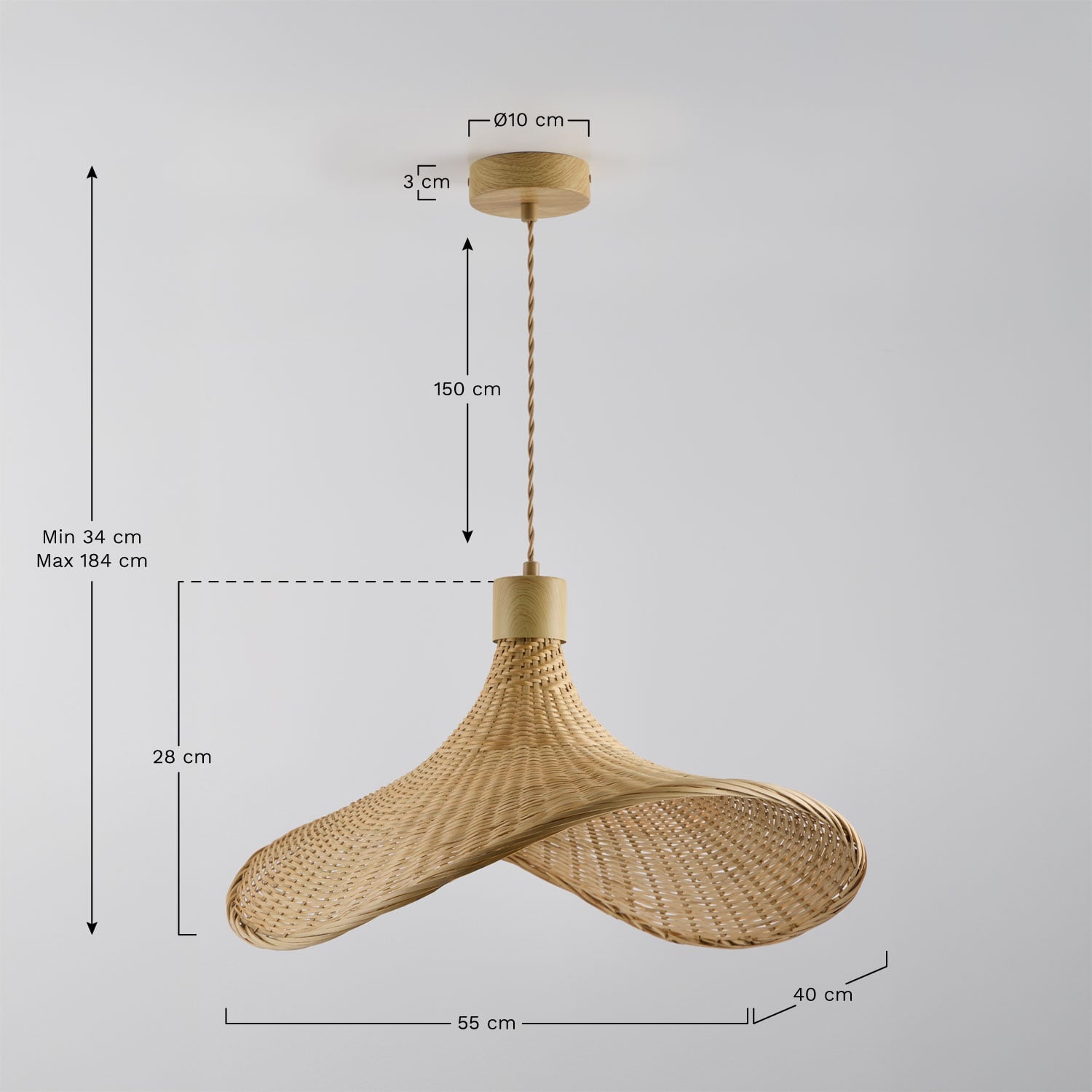Lâmpada de teto suspensa em bambu Chaifer, Dimens&otilde;es