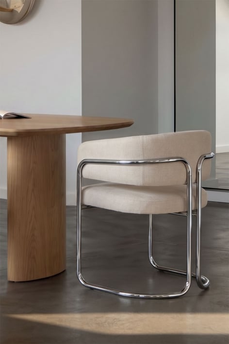 Cadeira de jantar com braços estofada e em ferro Zantria - Chenille Beige Creme