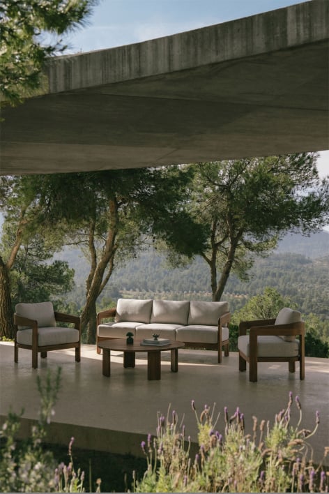 Conjunto de jardim com sofá de 3 lugares, 2 poltronas e mesa de centro em madeira de acácia Uleno