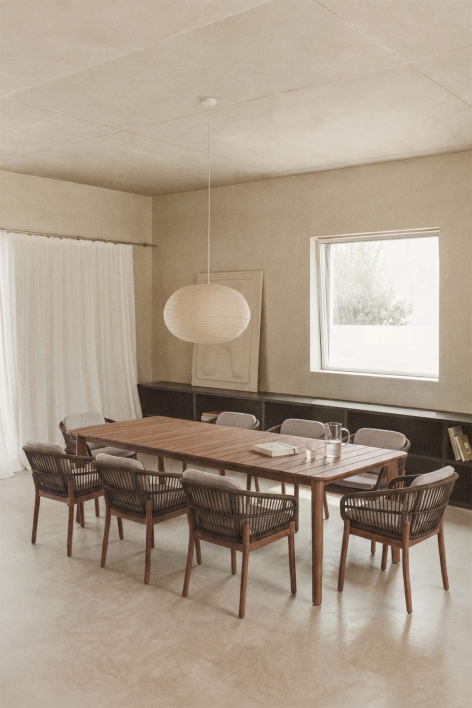 Conjunto de mesa retangular extensível Duala 250-310x105 cm e 8 cadeiras de jantar em madeira de acácia e corda trançada Karvia