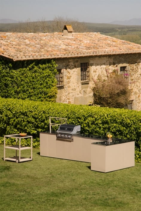 Cozinha modular de canto para exterior de 8 peças com lava-louças e churrasqueira a gás com 4 queimadores em aço Rivana