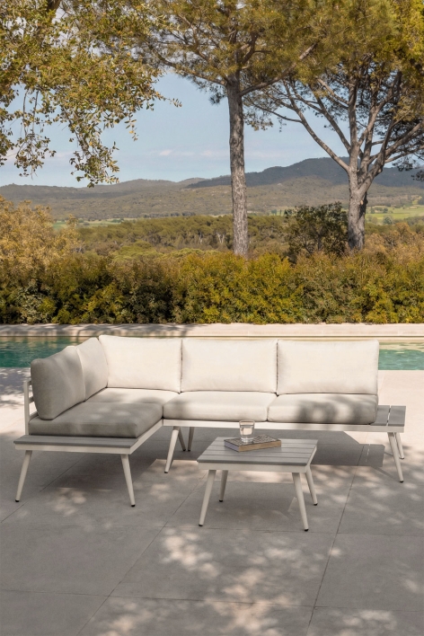 Conjunto de jardim com sofá de canto para 4 pessoas e mesa de centro em alumínio e madeira Nadi
