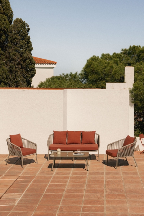 Conjunto de jardim com sofá de 2 lugares, 2 poltronas em corda trançada e mesa de centro Arhiza