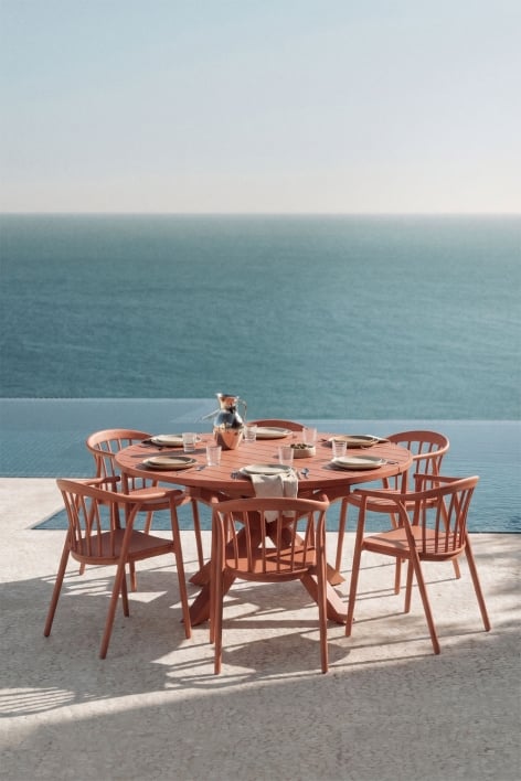 Conjunto de mesa extensível 145-200x145 cm em alumínio Barces e 6 cadeiras de jardim empilháveis com apoios de braços Ivor