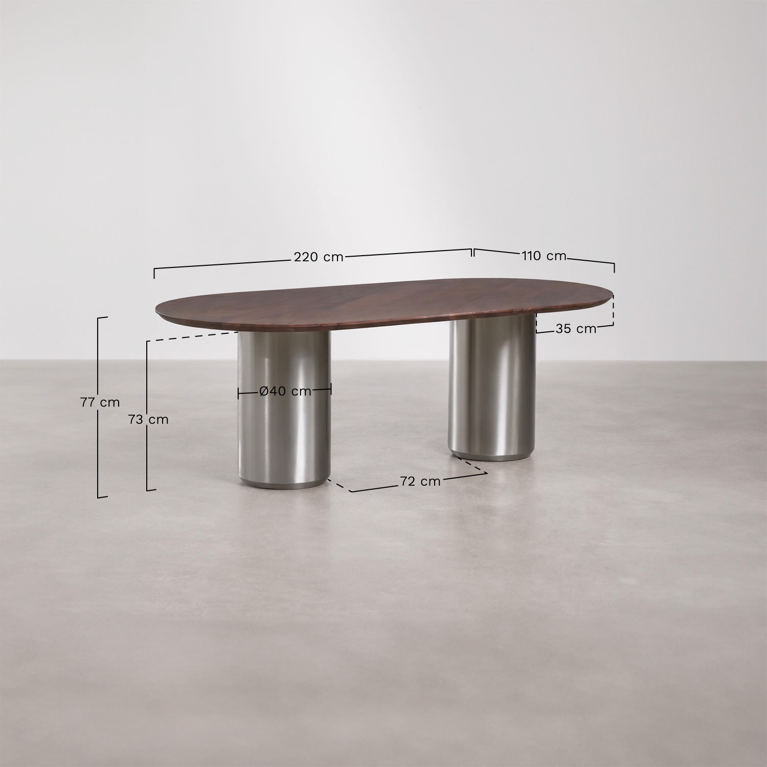 Mesa de jantar oval 220 x 110 cm Luceida, Dimens&otilde;es