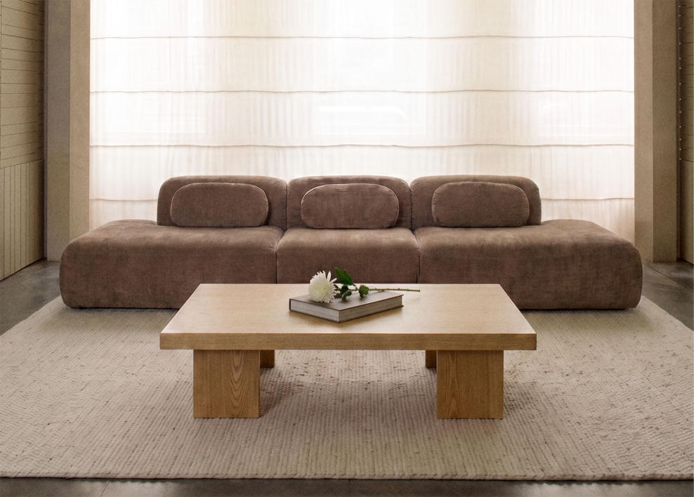Sofá modular de 3 peças com duplo divã em chenille embalado a vácuo Merida - Chenille Castanho Caramelo