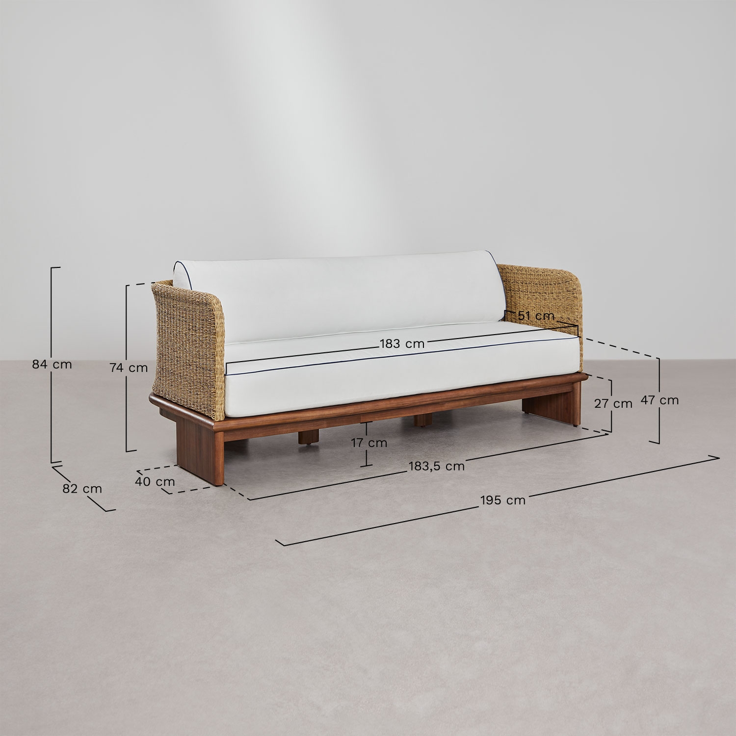 Conjunto de sala com sofá de 3 lugares, 2 poltronas e 2 mesas de centro 70x70 cm em rattan e madeira de acácia Famara, Dimens&otilde;es