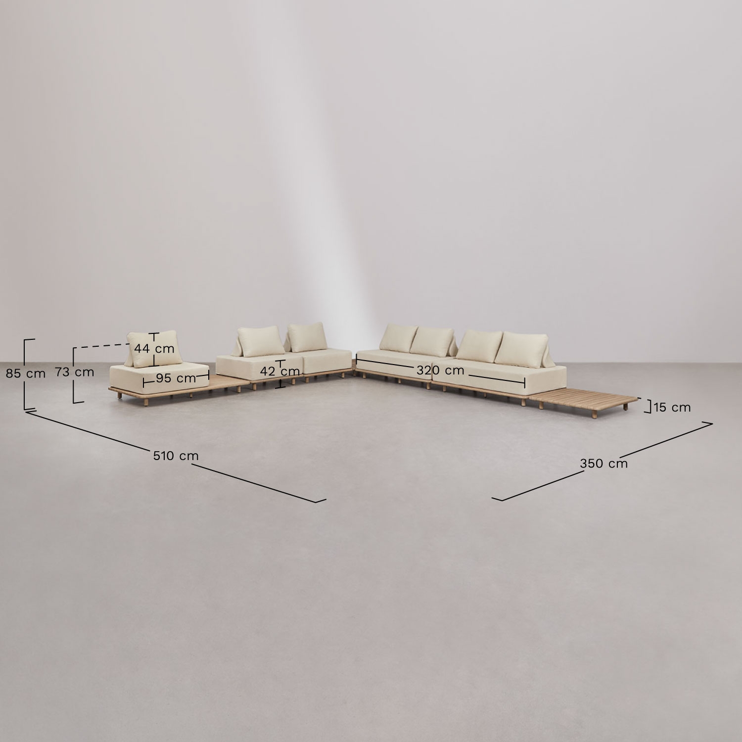 Conjunto de sala com sofá modular de canto de 5 peças com mesa auxiliar e mesa auxiliar 95x95 cm em acácia Portet, Dimens&otilde;es