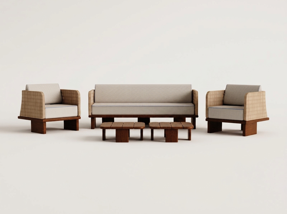 Conjunto de jardim com sofá de 3 lugares, 2 poltronas e 2 mesas de centro 70x70 cm em rattan e madeira de acácia Famara