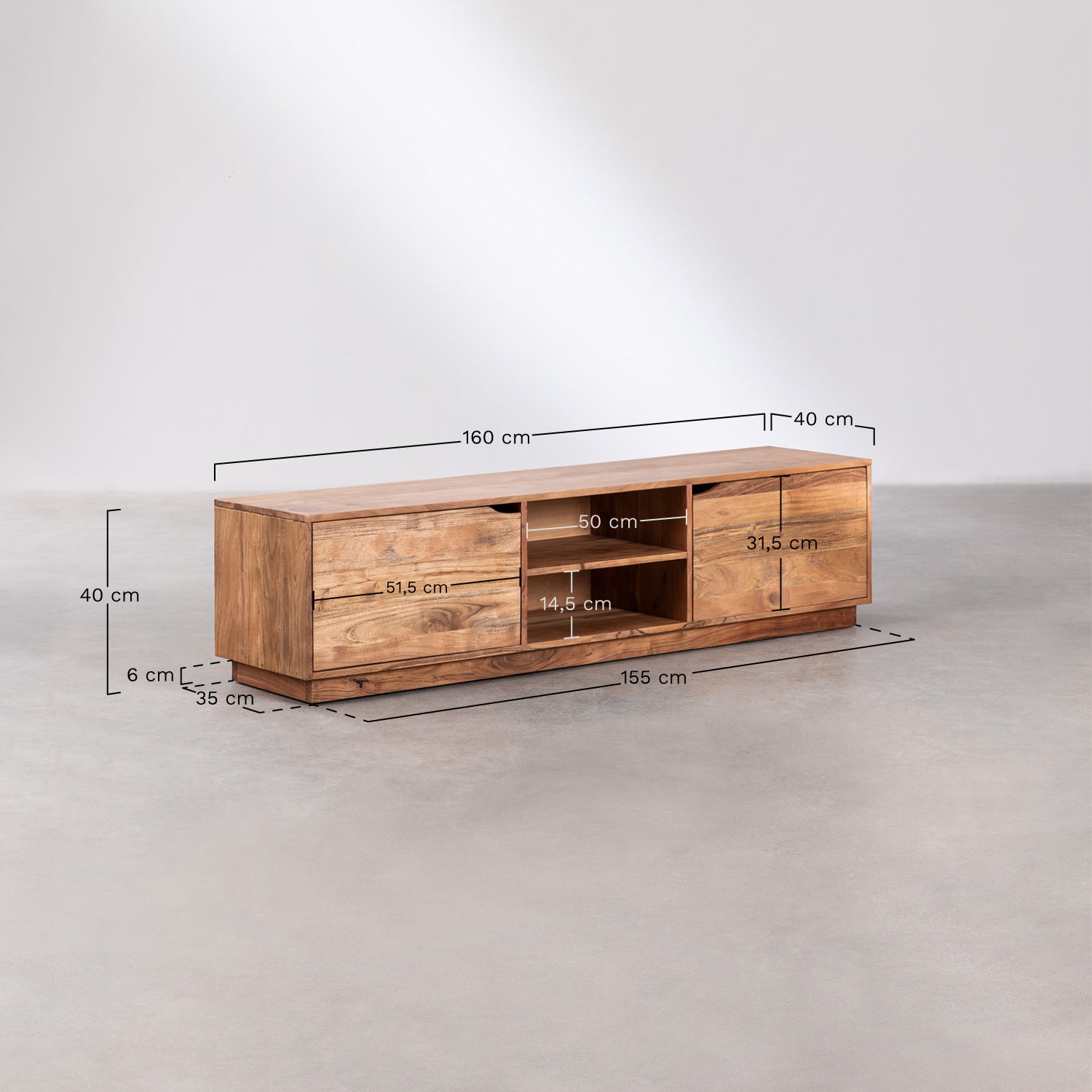 Móvel TV 160x40 cm com prateleira em madeira de acácia Tasmani, Dimens&otilde;es