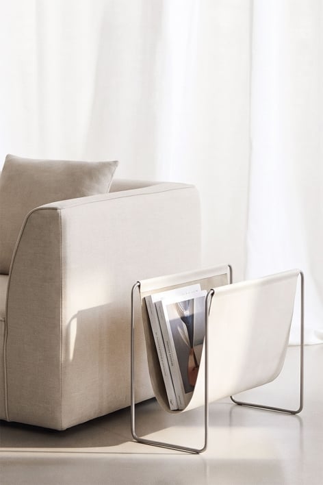 Revistero de chão em pele e aço inoxidável Dravena - Beige Creme