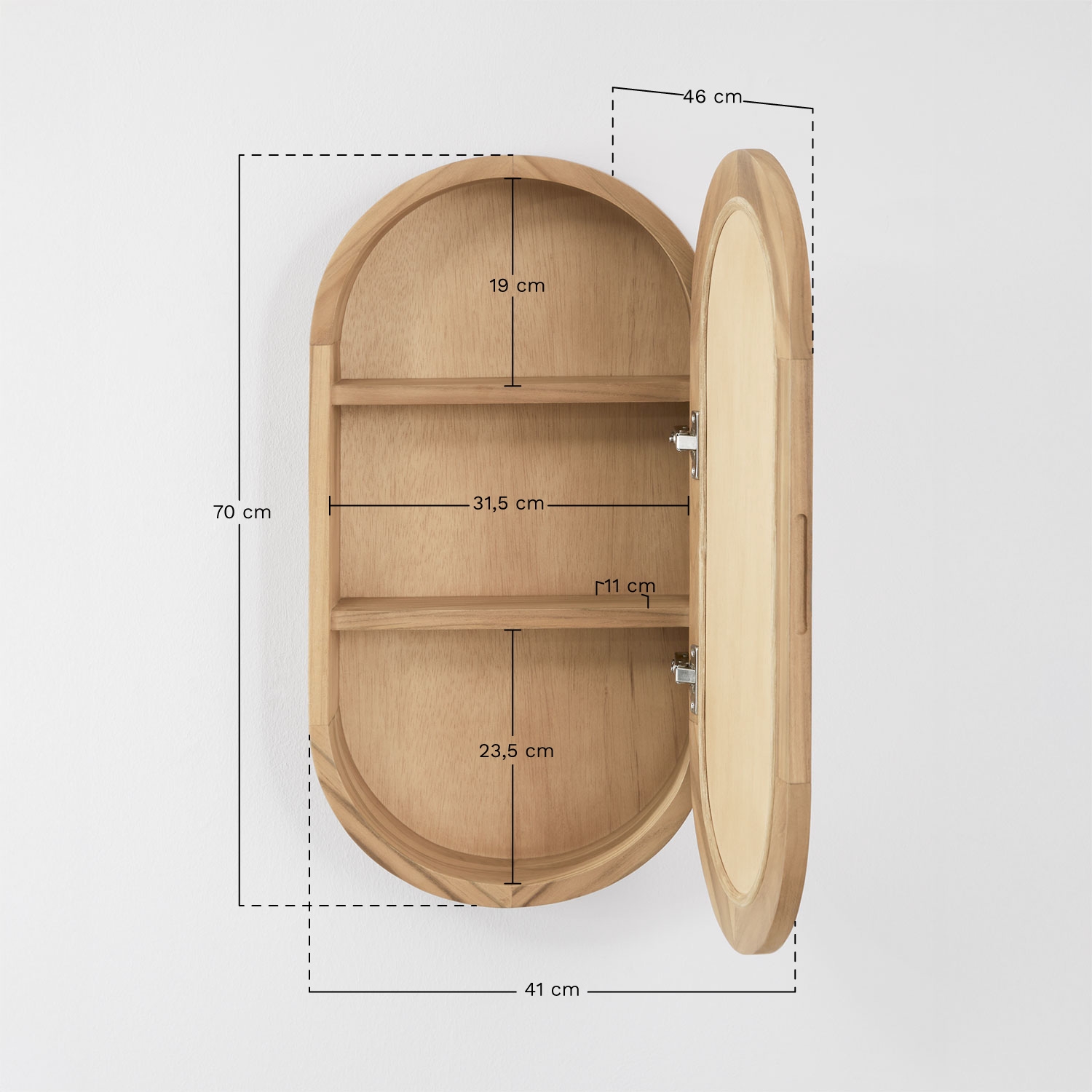 Armário de parede oval 35x70 cm para casa de banho em madeira de teca com espelho Ian, Dimens&otilde;es