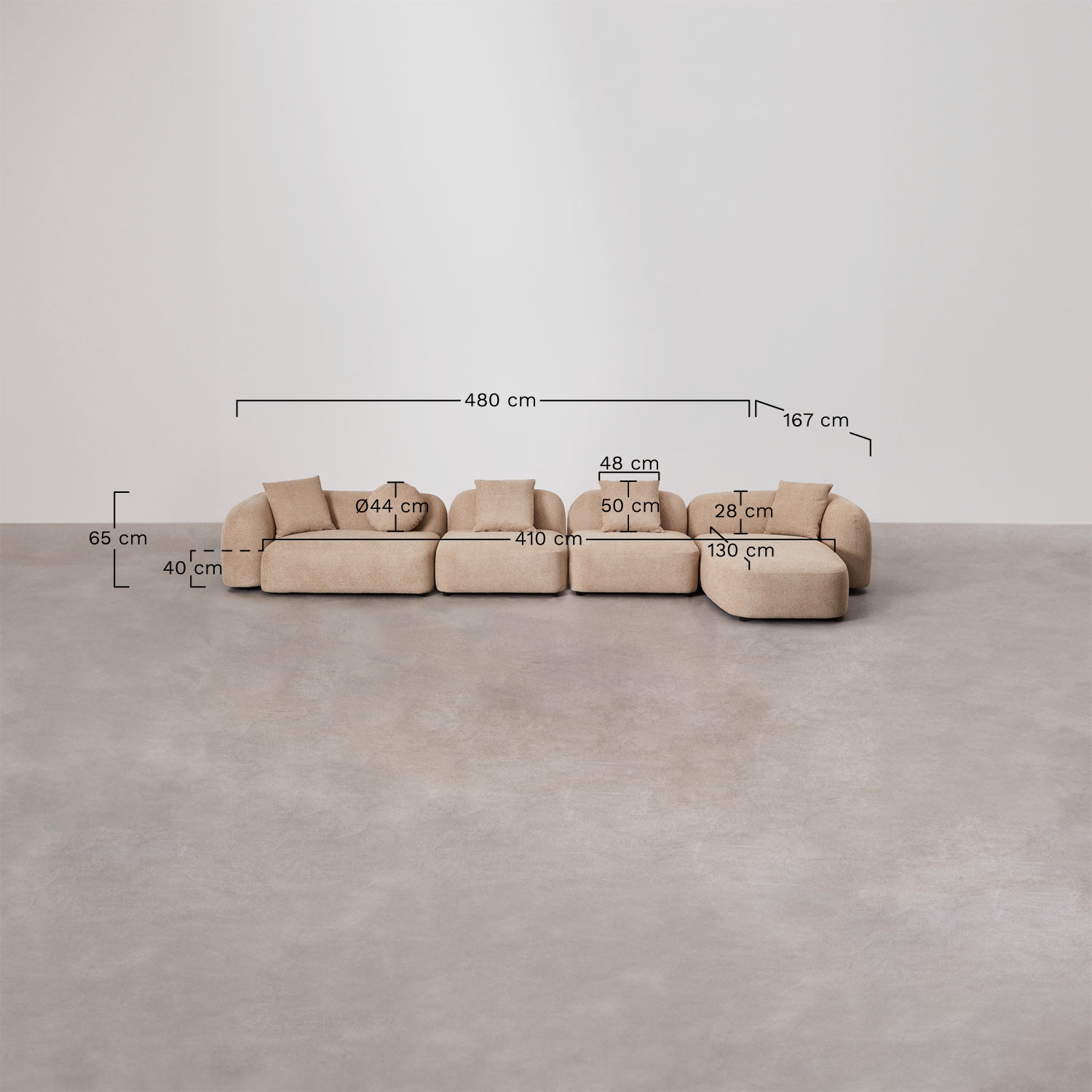 Sofá modular chaise longue direito de 4 peças em chenille Coco, Dimens&otilde;es