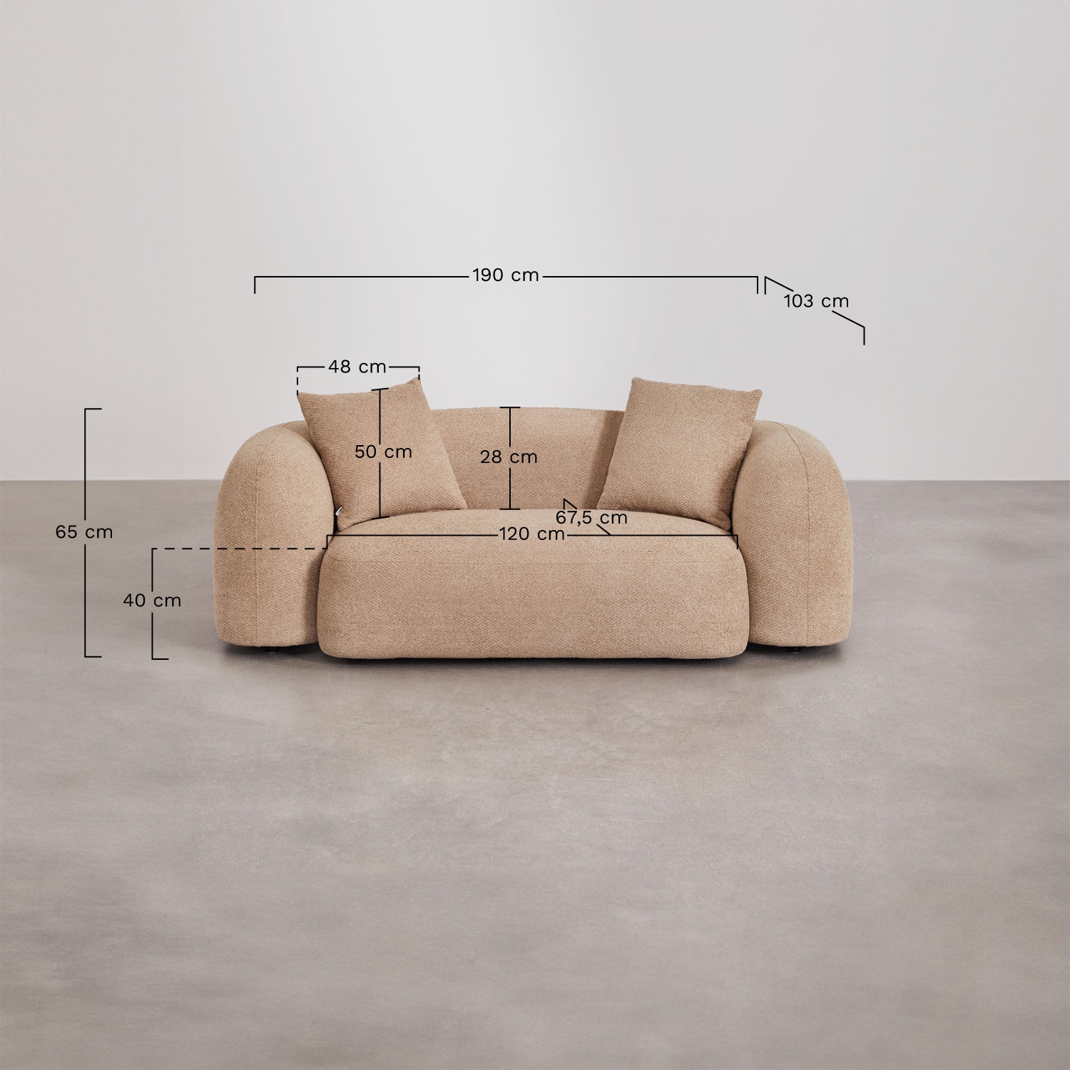Conjunto de sala com sofá modular de 3 lugares, sofá de 2 lugares e poltrona em chenille Coco, Dimens&otilde;es