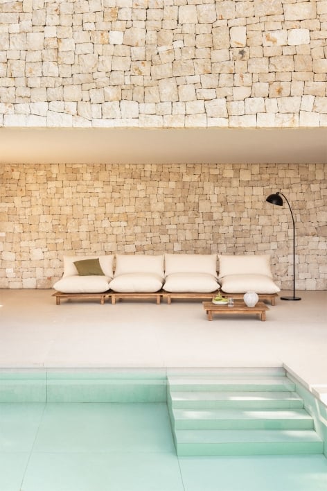 Conjunto de jardim com sofá modular reclinável de jardim de 4 peças e mesa de centro em madeira de acácia Brina