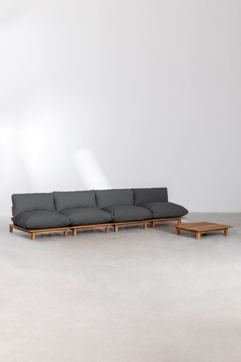 Conjunto de sala com sofá modular reclinável de 4 peças e mesa de centro em madeira de acácia Brina