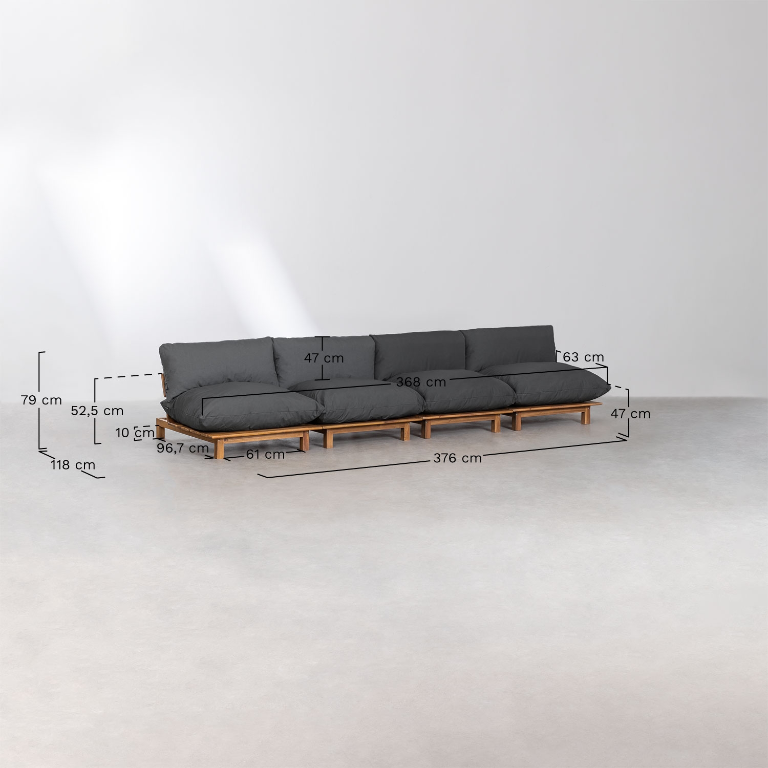 Conjunto de sala com sofá modular reclinável de 4 peças e mesa de centro em madeira de acácia Brina, Dimens&otilde;es