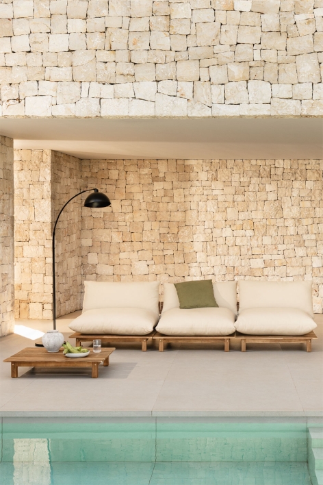 Conjunto de jardim com sofá modular reclinável de 3 peças e mesa de centro em madeira de acácia Brina