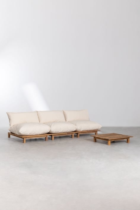 Conjunto de sala com sofá modular reclinável de 3 peças e mesa de centro em madeira de acácia Brina