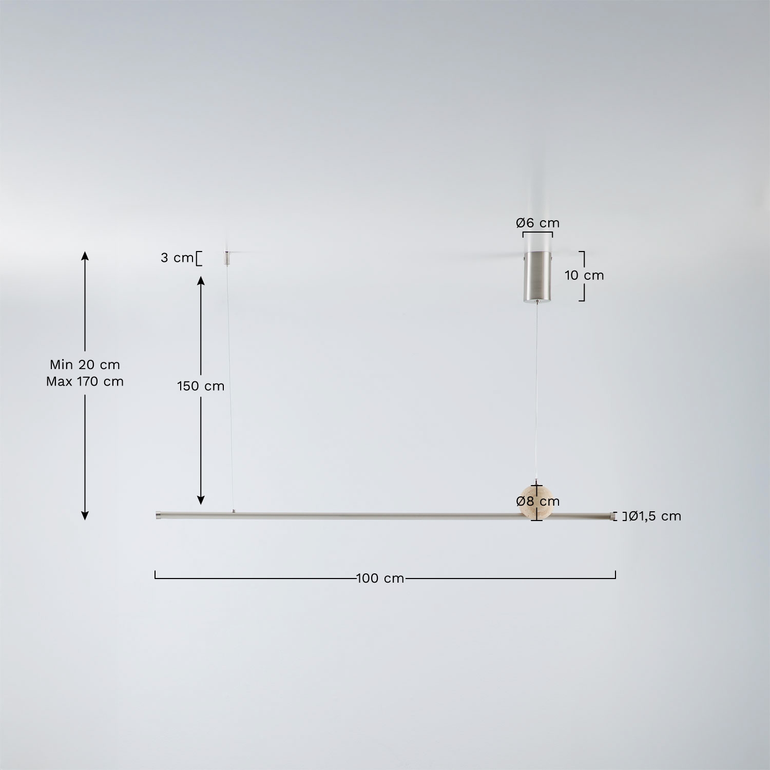 Lâmpada de teto pendente linear LED 100 cm em pedra natural e ferro Lanuvio, Dimens&otilde;es